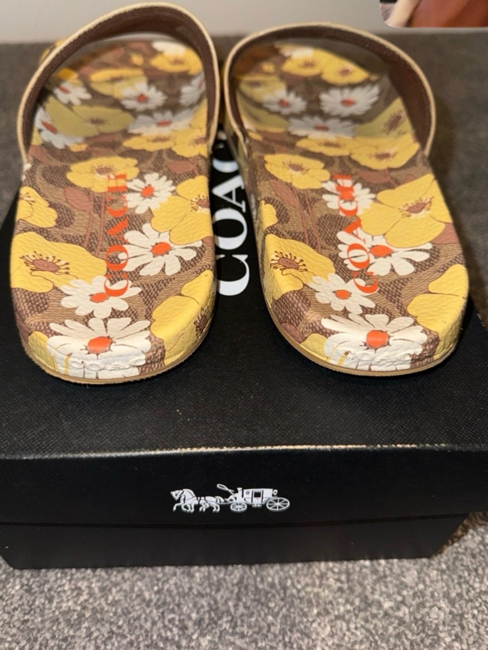 Coach Udele Floral Vanilla Slide Sandals in Brown, Yellow & White - Picture 3 of 5